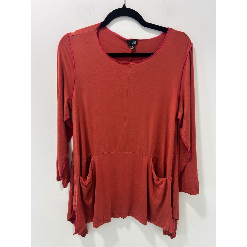 Lisa Bayne Women Orange Tencel Blend Long Sleeve Pocket Tunic Top Sz S